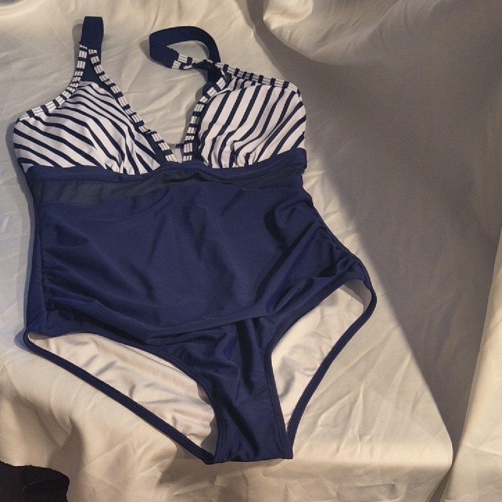 Navy and White Striped One Piece Swimsuit